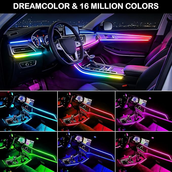 Acrylic Interior Car LED Strip Light with APP Remote Control,57in 2 in 1 USB RGB Dreamcolor Neon Flexible Strip Fiber Optic LED Ambient Lighting Kits,RGB Music Lights Sync for Inside car Decorations