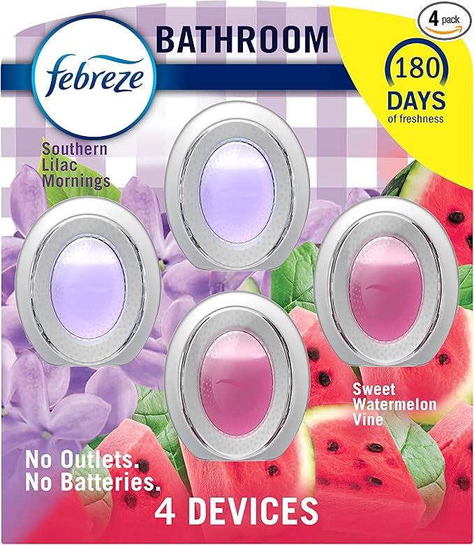Febreze Bathroom Air Freshener, Odor-Fighting, Plug In Alternative, Air Fresheners for Small Spaces in Home, Bathroom, Kitchen, & Closet, Lilac & Watermelon Scents, 4ct (2 of Each Scent)
