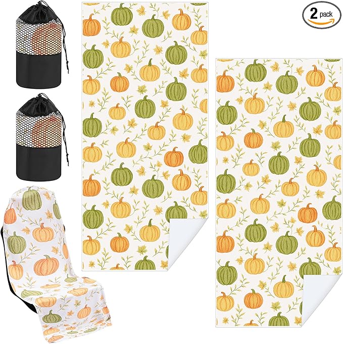 2 Pack Car Seat Towel Covers with Storage Bag 63 x 32 Inch Athletic Running Towel Seat Sweat Washable Non Slip Cover Gift for Car Outdoor Sport Activities (Yellow Pumpkin,Green Pumpkin)