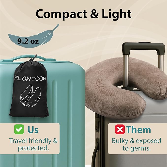 FLOWZOOM Air Inflatable Neck Pillow for Traveling on Plane - H-Shape Hooded Airplane Pillow with 5 Snooze Modes, Fast Inflation, Pressure Control, Cozy Clip-On Hood & Plushy Cover - Size L, Jet Black