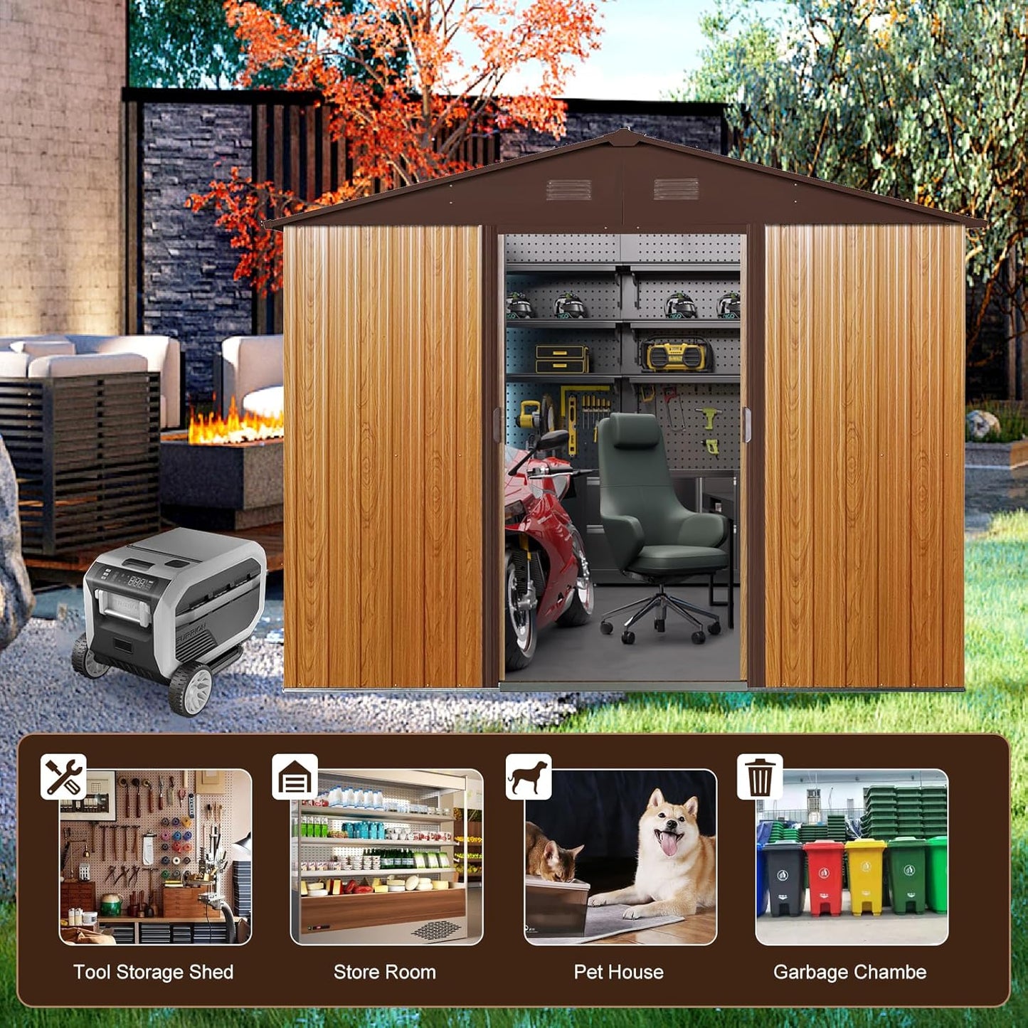 8x6 FT Outdoor Storage Shed,Metal Shed with Floor,Garden Shed W/ 4 Air Vents & Lockable Sliding Door,All Weather Waterproof Tool House W/Sloped Roof,for Backyard,Patio,Lawn,Coffee
