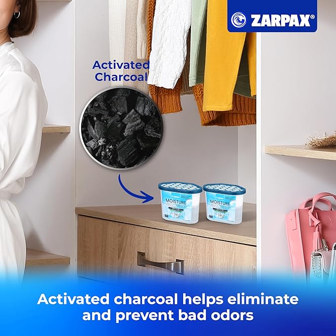 ZARPAX Moisture Absorber Fresh Cotton 10.5 oz/300g | Removes Moisture, Damp & Humidity | Odor Absorber With Fresh Cotton Fragrance | Moisture Trap for Bathroom, Closet, Kitchen | Set of 4