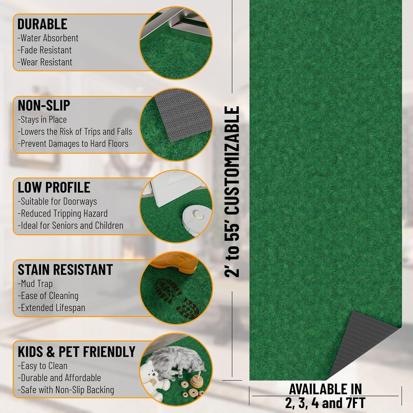 Ottomanson 2' x 18' Hallway Runner with Scraper Pile Extra Durable Non-Slip Rug Mat for Indoor & Outdoor Use - Ideal for Kitchen, Entryway, Patio & Garage - High-Traffic Carpet, Green