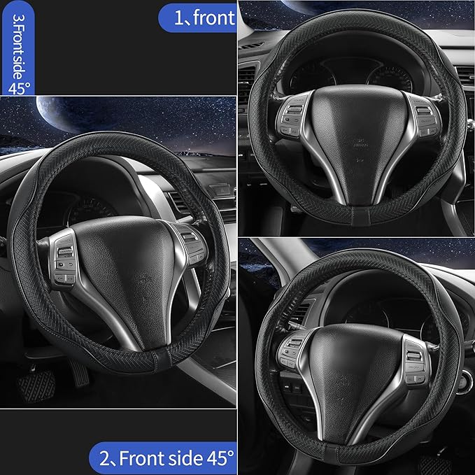 Leather Car Steering Wheel Cover,Anti-Slip, Safety, Soft, Breathable, Heavy Duty, Thick, Full Surround, Sports Style,Universal Car Accessories for Women Men Fit 14" 1/2-15"(Black)