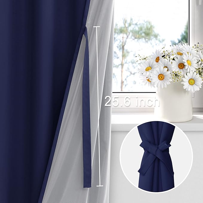 XWZO Full Shading Blackout Curtains 84 Inches Length with Tiebacks- Heat and Light Blocking Ring Top Window Drapes with Black Liner Backing for Bedroom/Kid's Room, Navy Blue, W42 x L84, Set of 2