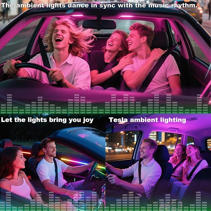LED Car Ambient Lighting Strip for Tesla High Brightness with APP Control Multiple Colors and Car LED Strip Lighting Neon Lights for Model 3/Y (Dashboard& 4 Floor Lights)