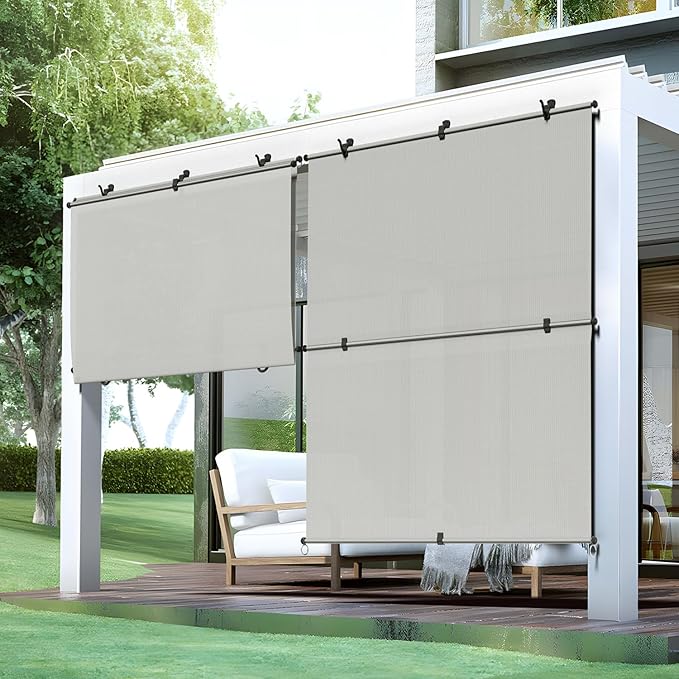 Bynbbur 8'W x 14'H Outdoor Patio Shades Foldable Roller Blinds, 220 GSM Sun Shade Roll Up Porch Screens Exterior Shade Cloth for Deck Pergola Backyard, Light Gray