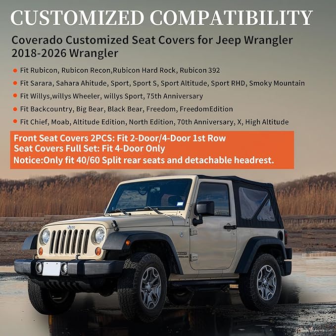 Coverado Seat Covers for Jeep Wrangler, Waterproof Leather Car Seat Cushion Full Set, Custom Seat Protector Fit for Jeep Wrangler JL 4-Door Sahara Sport Rubicon 2018-2024 (Red)