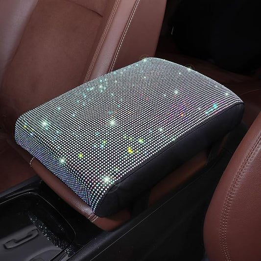 Bling Car Armrest Cover with Memory Foam Cushion Pad & Rhinestones, Universal Diamond Center Console Cover for Cars, Bling Middle Console Cover, Bling Car Accessories for Women, AB Color