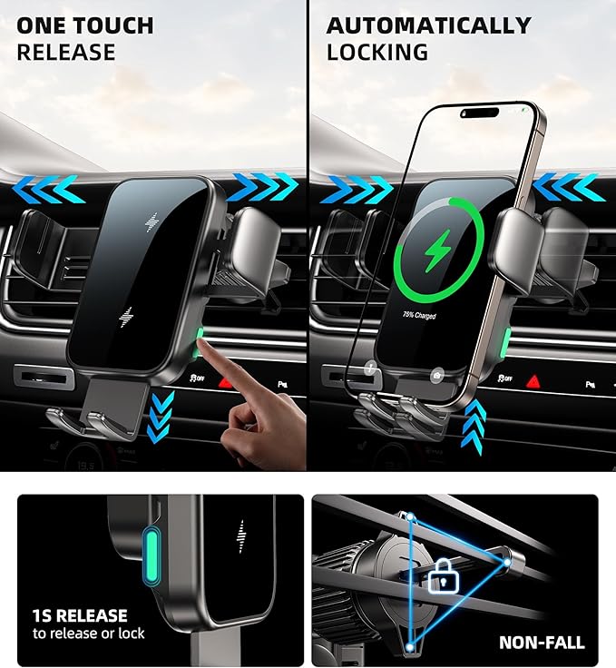 Dual Coil 15W Cup Phone Holder Mount,Wireless Car Charger Auto-Clamping Fast Charging Vent Phone Holders for Your Car for iPhone 17/16/15,Samsung Flip S25 S24 S23 S22 Ultra