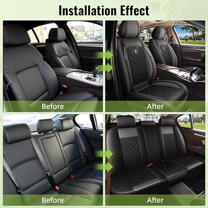 AOMSAZTO Car Seat Cover Fit for Hyundai Kona 2018-2025 2026, Full Set 5 Seats Leather Seat Protector Compatible Airbag Waterproof Automotive Seat Covers Black&Gray