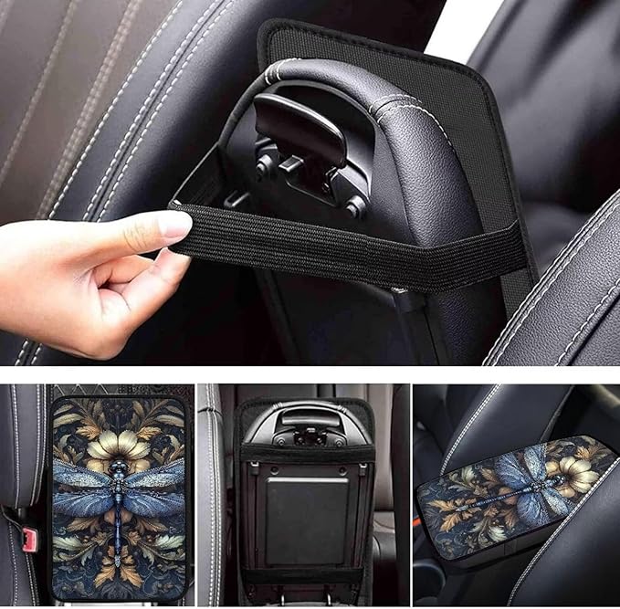 Suobstales Dragonfly Floral Print Car Armrest Pad Soft Center Console Arm Rest Protector Cover Universal Car Interior Accessories Decoration