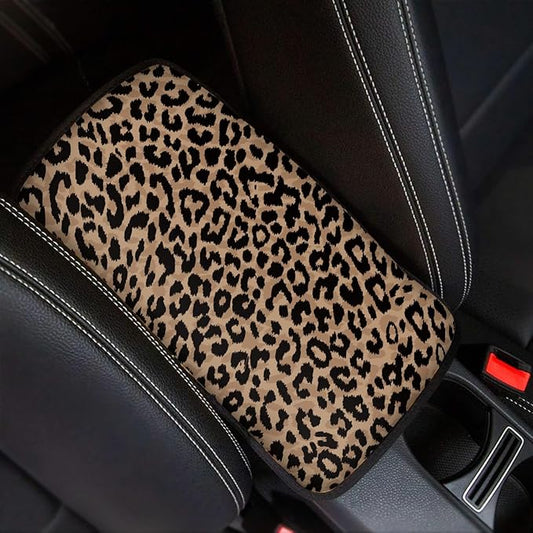 Dreaweet Brown Leopard Print Center Console Armrest Cover for Car, Wild Cheetah Print Armrest Cushion Cover Pad, Auto Car Accessories Universal Fit for Sedan, Truck, SUV Soft Car Armrest Cover