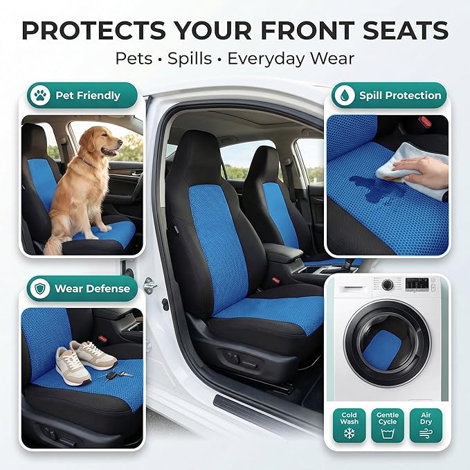 FH Group Automotive Full Car Seat Covers for SUV, Trucks, Sedan and More - Universal Fit Front High Back & Rear Solid Bench Design Interior Accessories - 3D Air Mesh Fabric Center Panel - Blue