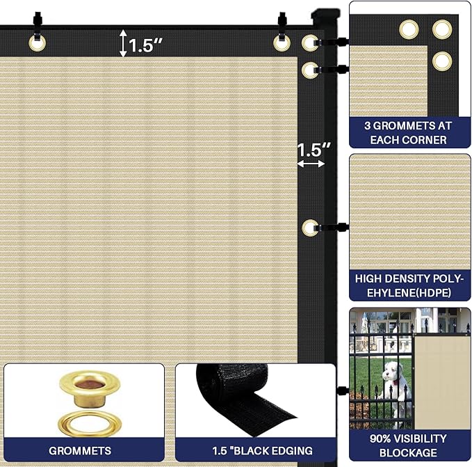 Windscreen4less Privacy Fence Screen Heavy Duty Windscreen Fencing Mesh Fabric Shade Net Cover with Brass Grommtes for Outdoor Wall Garden Yard Pool Deck, 8'x193' Beige