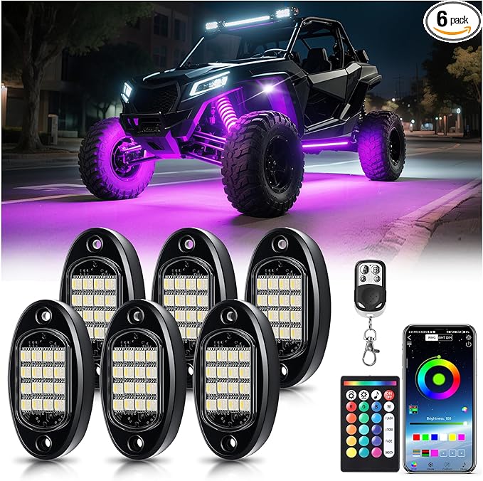 6 Pods RGBW LED Rock Lights Full Kit, 6500K Pure White (Not Mixed) & RGB Underglow for UTV Golf Cart ATV RZR SXS Trucks, App/RF Remote Smart Brake Music Sync, Waterproof Neon Underbody 12V