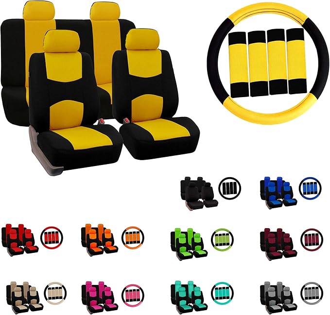 FH Group Car Seat Covers Flat Cloth Automotive Green Full Set, Rear Solid Bench Universal Fit Combo Steering Wheel Cover & Seat Belt Pads Car Seat Protector for Cars Trucks SUV Interior Accessories