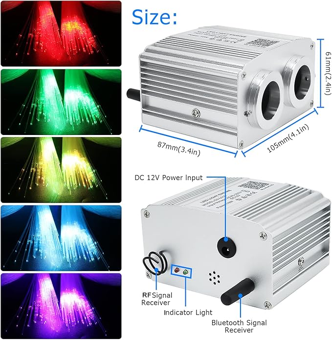 AZIMOM Two Port 16W Twinkle 800pcs Fiber Optic Starlight Headliner Kits 0.03in 13.1ft Fiber Strands Sound Activated Remote APP Control Dual Port Starlight Box Car Home Ceiling Decor