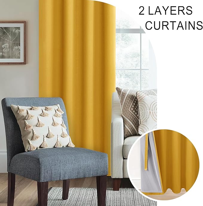 XWZO 100% Blackout Curtain Panels - Thermal Insulated Black Liner Curtains, Noise Reducing and Heat Blocking Drapes for Hall and Studio Windows with Tiebacks, Yellow, W60 x L84, Set of 2