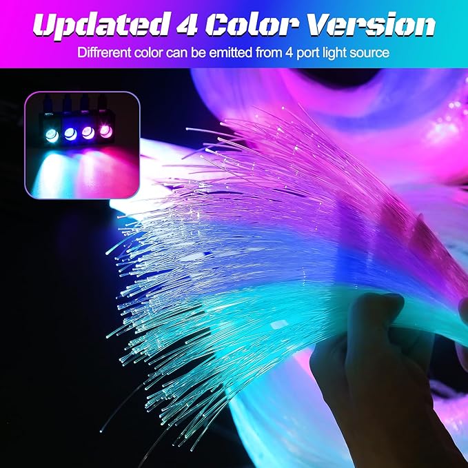 Split 4 Colors 12W Car Starlight Headliner Slim Kit 1000pcs*0.02in*9.8ft with APP&RF Remote,RGBW Fiber Optic Starlight Kit,4 Port Engine Sound Activated Star Lights for Ceiling Car Roof/Home Decor
