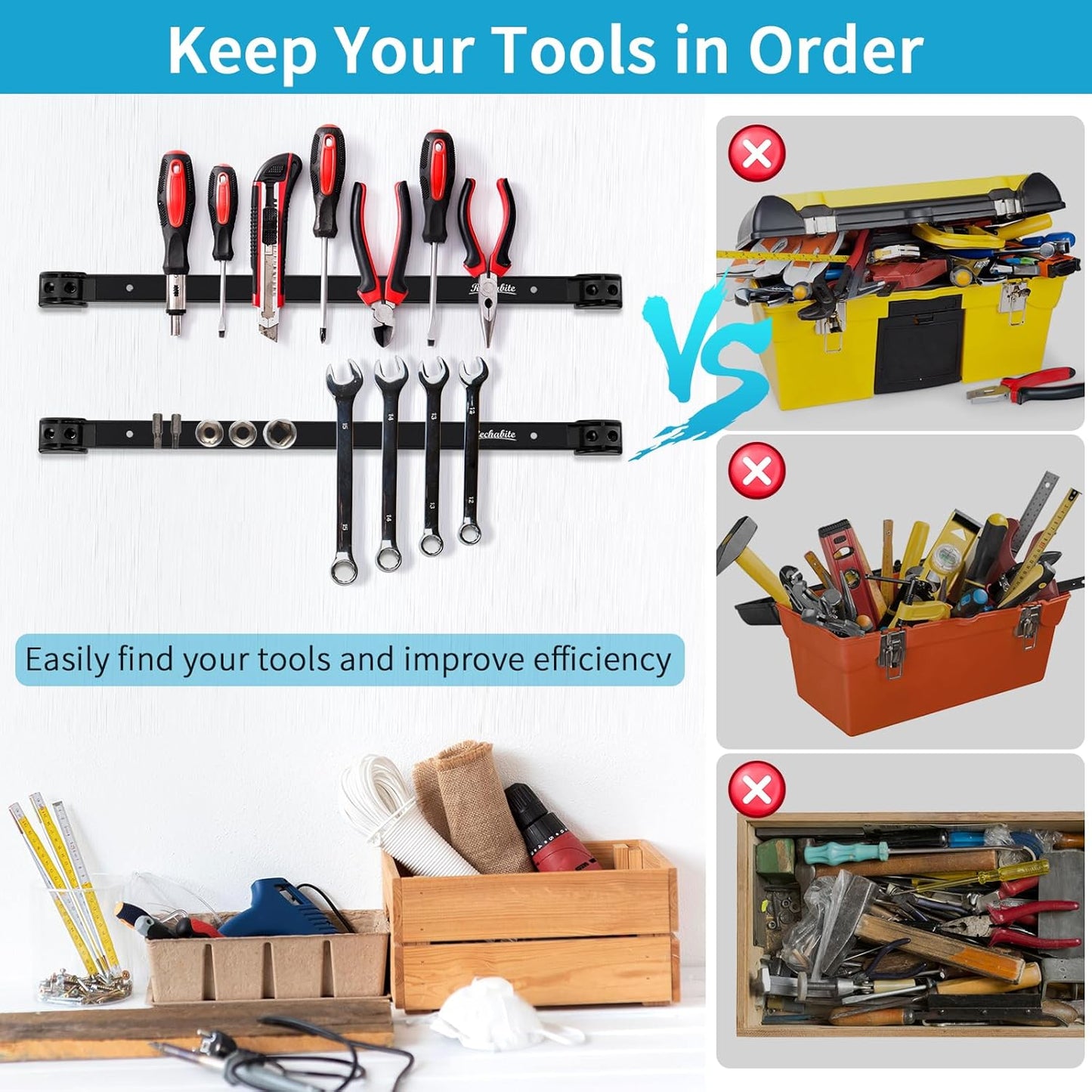 4 Pieces 18" Magnetic Tool Holder Strip, Black Magnet Bar, Metal Tool Organizer Rack for Garage Organization, Easy To Install in Workshop, Mounting Screws Included
