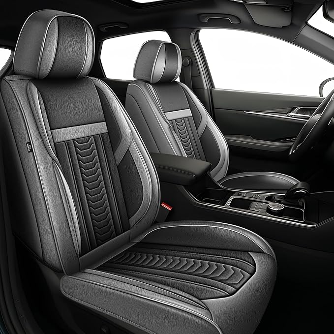 TTX LIGHTING for VW Atlas 2018-2026 Seat Covers: Waterproof Leather Seat Protector with Airbag Compatible (2 Front Seats,Black&Gray)