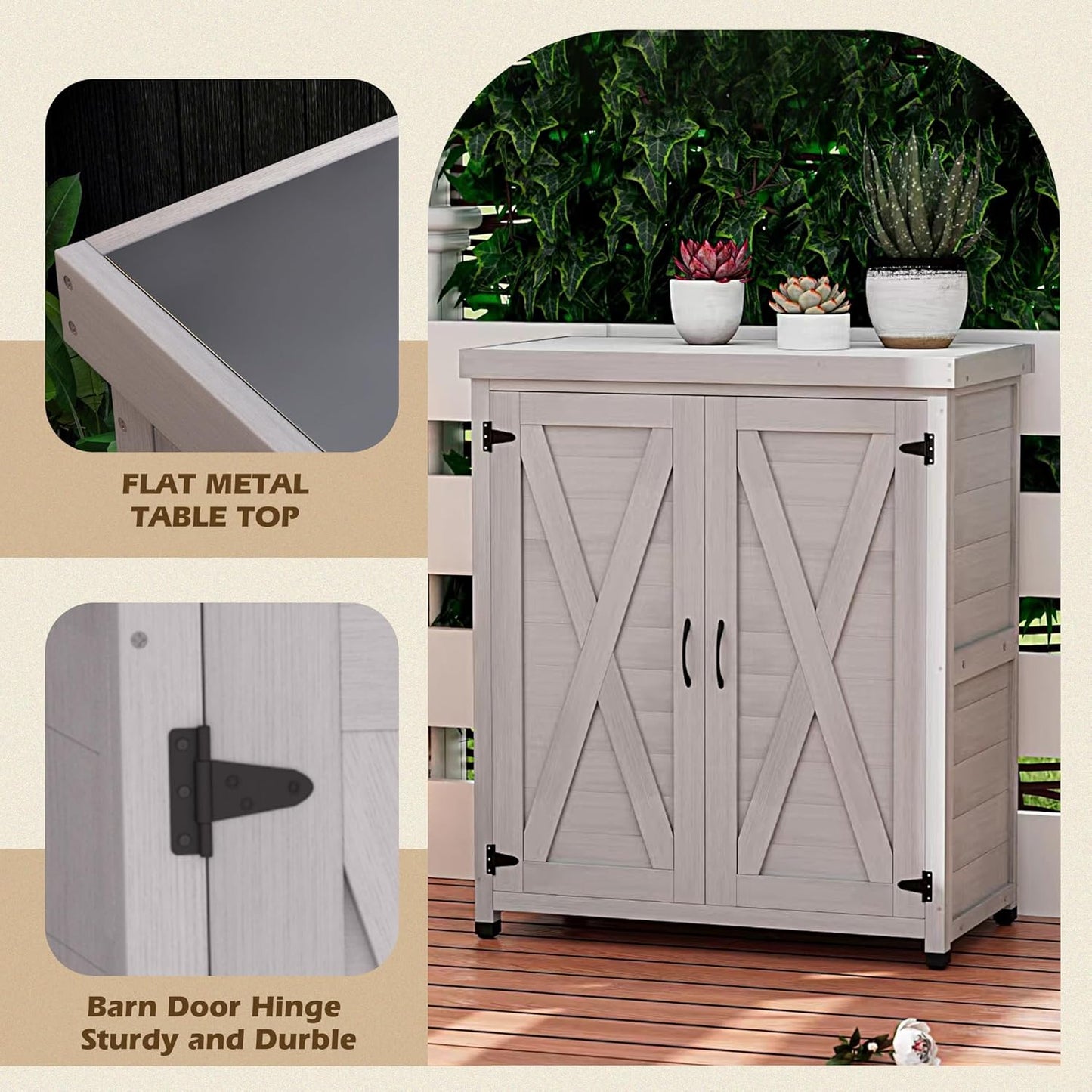 Outdoor Storage Shed Waterproof, Potting Shed with Storage Cabinet and Metal Table Top for Backyard Garden Patio,Outdoor Work Station Table
