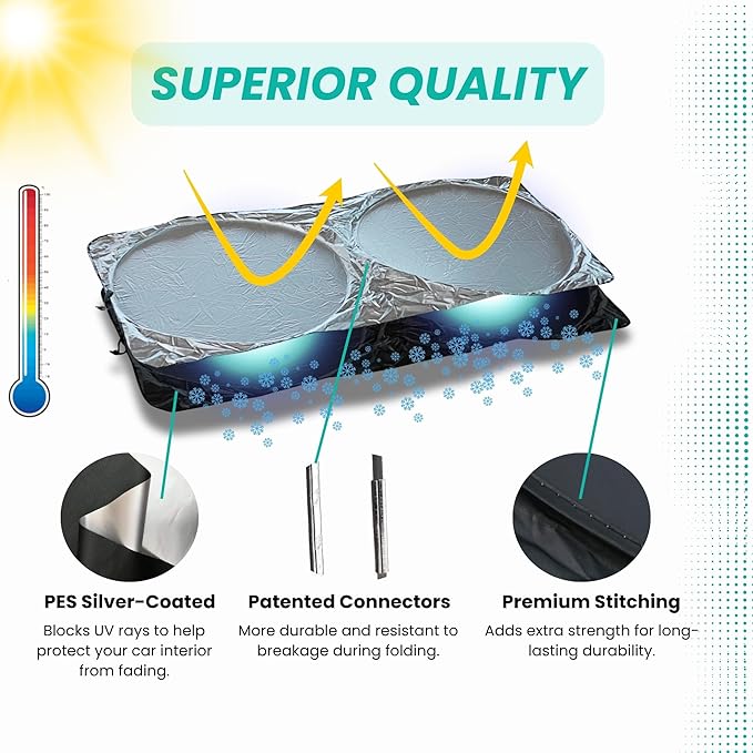 Windshield Sun Shade -Certified 99.87% UVB & 99.02% UVA Car Sun Shade. Award Winning Sunshade - Patented Technology | Compatible for Dodge Challenger (2015–2026) | Car Shades by Kinder Fluff