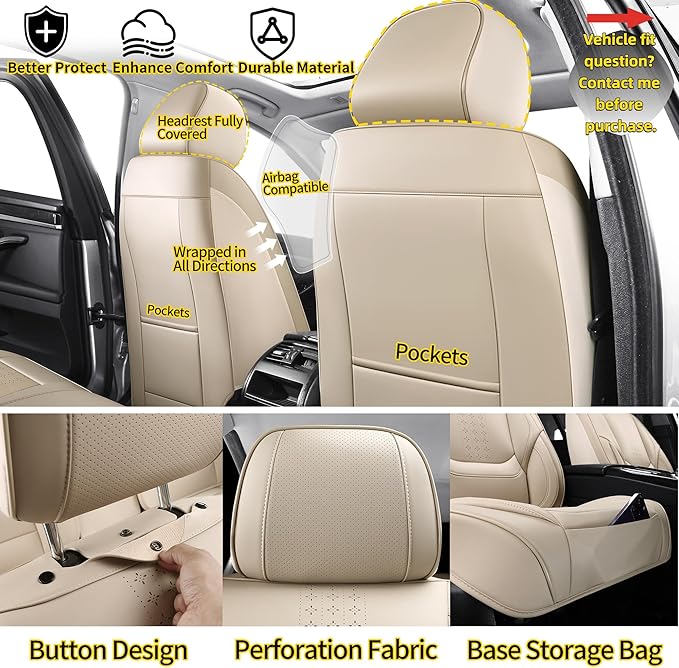 Chezope Leather Seat Covers, Beige Car Seat Covers Front Pair, Breathable Car Seat Protectors, Wear-Resistant Car Accessories, Universal Fit for Most Cars,SUVs Truck (Beige-Solid, Front Pair)