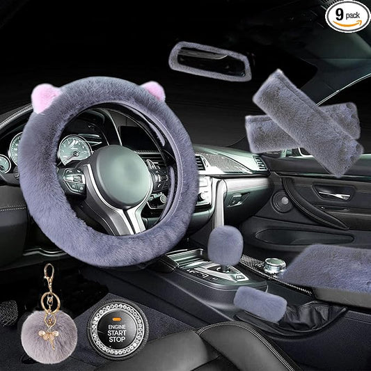 ZYNQACC 9 Pack Cute Bear Fluffy Car Accessories for Women Girls,Kawaii Fuzzy Steering Wheel Cover Universal 15 inch Plush Cute Ears