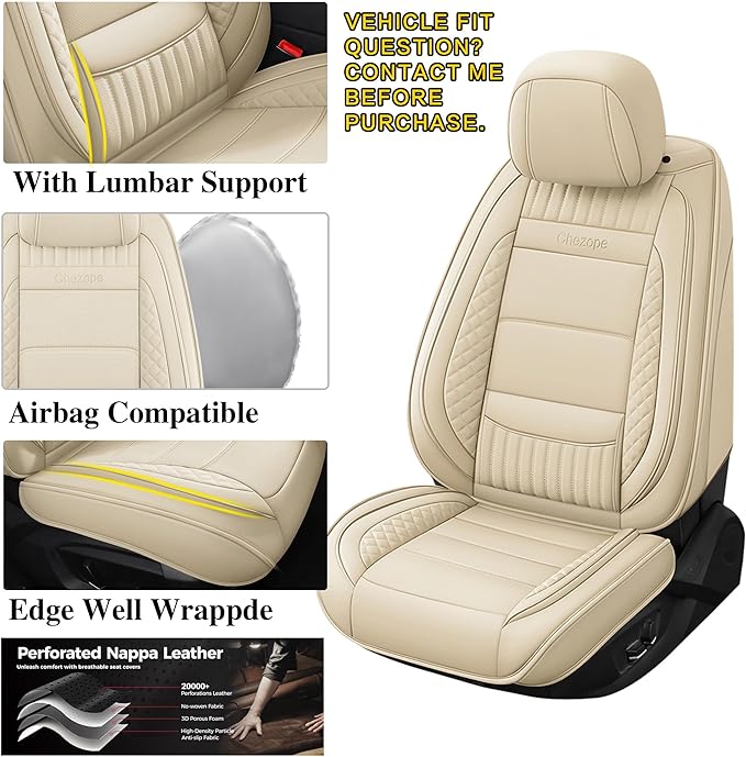 Chezope Car Seat Covers Full Set, Beige Leather Seat Covers, Breathable Front and Back Car Seat Protectors, Wear-Resistant Seat Covers Universal Fit for Most Cars SUV Truck (Beige-Stripes-A, Full Set)