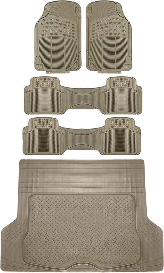 FH Group Trimmable Non-Slip Rubber Floor Mats 3 Row Set - Universal Fit for Cars Trucks and SUVs (Beige) F11305 + F16400
