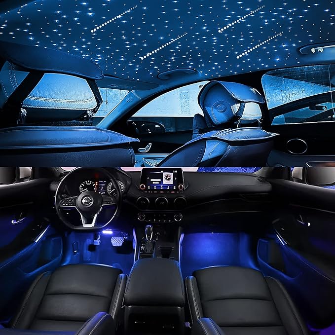 AKEPO 3in1 Meteor APP Fiber Optic Lights Kit, Music Sync Activated Under Dash Car LED Interior Lights and RGBW Headliner Light+ Optical Fiber Cable 375pcs Mixed Diameter in 9.8ft/3m + 28key RF Remote