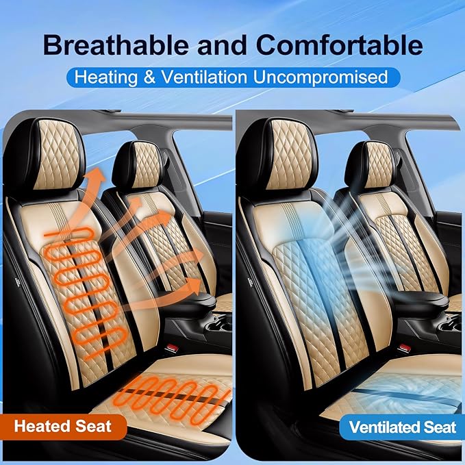 Fit Equinox Car Seat Covers for Chevrolet/Chevy Equinox 2007-2026, Premium Full Coverage Leather, Airbag Compatible, Waterproof All Weather Seat Cushion Protector, Front Pair Black+Beige