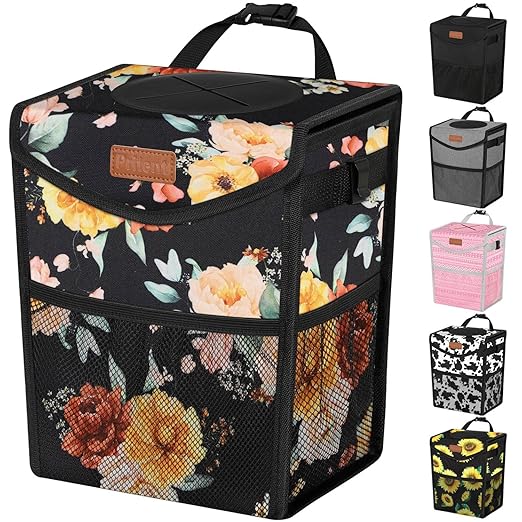 Pritent Car Trash Can with Lid, Cute Leakproof Car Trash Garbage Bag Hanging Vehicle Trash Bin Small Portable Automotive Garbage Cans Organizer for Back/Front Seat/Console(2.8 Gallons,Rose)