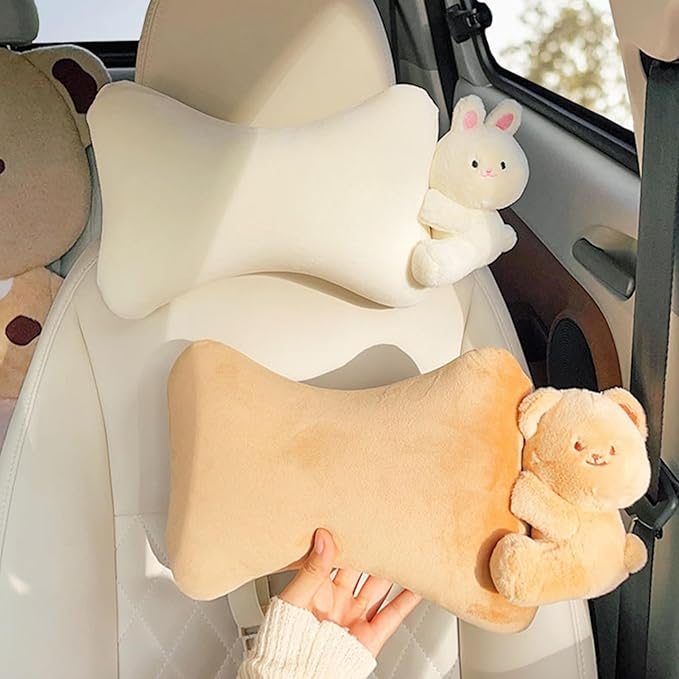 Car Headrest Pillow 2PCS Plush Bear ＆ Bunny Car Seat Headrest Pillow - Memory Foam Neck Support Cushions for Comfortable Driving, Easy Install & Washable (Brown Bear)