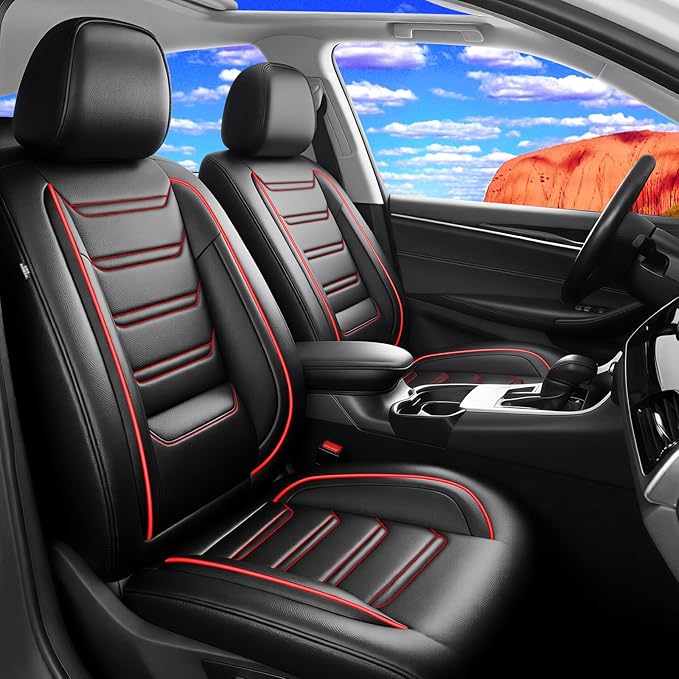 Fit CX-50 Car Seat Covers (Front Pair) for Select Mazda CX50 2023-2026 - Premium Full Coverage Leather, Airbag Compatible, Luxury Waterproof & All Weather Breathable Seat Protector, Red Trim
