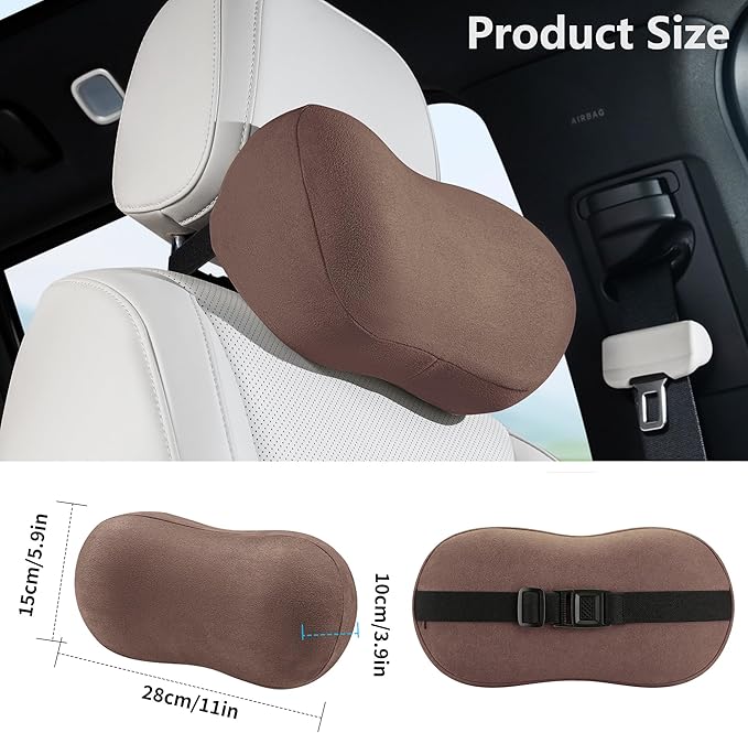 Car Neck Pillow Ergonomic Design Memory Foam Softness Car Headrest Pillow for Neck Support Cushion for Driving, Universal Fit Head Rest Travel Pillow, Fits All Vehicles, Brown, 2 Pack