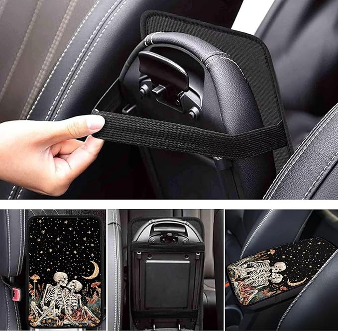 Suobstales Skull Mushroom Moon Star Print Car Armrest Pad Soft Center Console Arm Rest Protector Cover Universal Car Interior Accessories Decoration