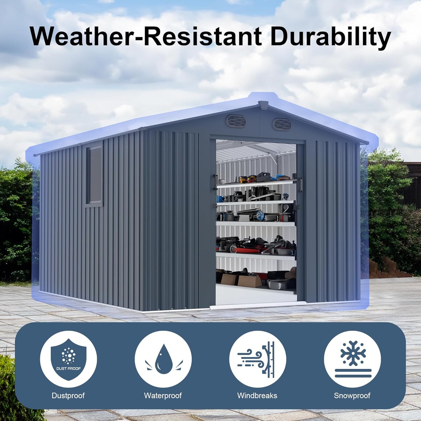 LANTRO JS 10x8FT Metal Outdoor Storage Shed, Garden Tool Shed Without Floor, Garage Shed with Window and Lockable Doors, for Garden Bike Lawnmower