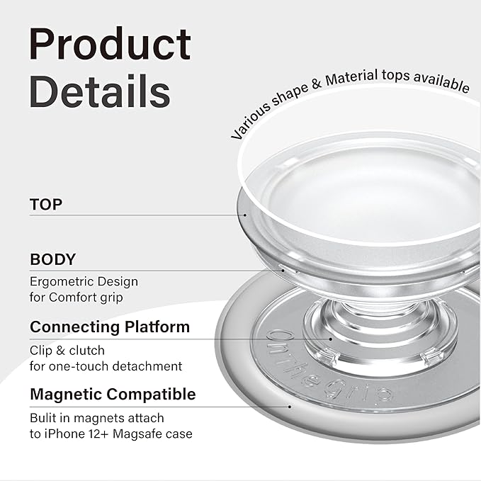 On The Grip Compatible with Magsafe Ultra-Thin Collapsible Phone Grip – Sleek Magnetic Phone Holder for iPhone & Android, 360 Rotation, Wireless Charger Compatible, Durable & Portable (White)