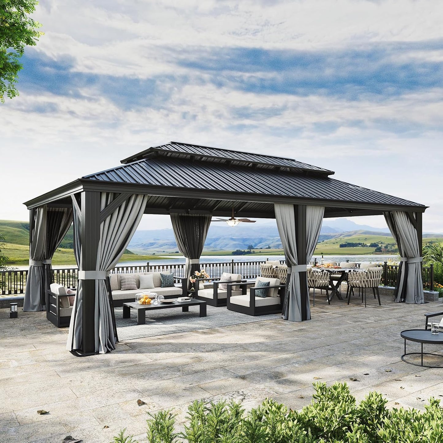 Aoxun 14' X 24' Hardtop Gazebo with Drainage System, Aluminum Outdoor Gazebo with Galvanized Steel Double Roof, Patio Permanent Metal Pavilion with Netting, for Garden, Deck, Grey