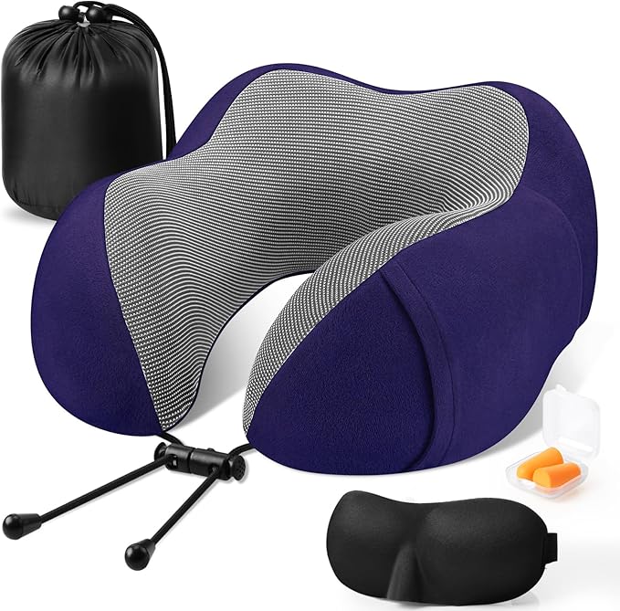 CloudBliss Travel Pillow Premium Memory Foam, Comfortable & Supportive Neck Pillow, Sleeping Neck Pillows for Travel, Airplane Pillow for Sleeping Airplane, Car, Office and Home（Navy）