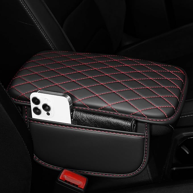 Center Console Cover for Cars Fit for Jeep Compass Leather Armrest Covers with 2 Storage Bags(Black&Red)