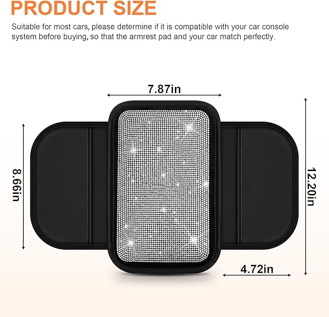 Bling Car Center Console Cover Custom Fit for Jeep Cherokee Compass Gladiator Liberty Patriot Renegade Wrangler - Leather Armrest Cover with 2 Storage Pockets and Crystal Rhinestones(Black)