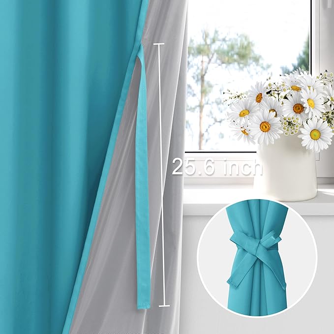 XWZO 100% Blackout Curtains with Tiebacks- 2 Thick Layers Completely Shaded Window Treatment Thermal Insulated Lined Drapes with Grommets for Bedroom/Patio Door, Turquoise, W42 x L45, 2 Panels Set