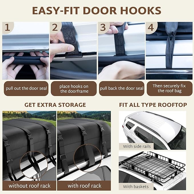 iBirdie Roof Rack Cargo Carrier 22.6 Cubic Feet, Soft-Shell Rooftop Cargo Box, Waterproof Heavy Duty 1200D for Car with/Without Roof Rack, Includes Anti-Slip Mat, Door Hooks, 46x34x25 inches