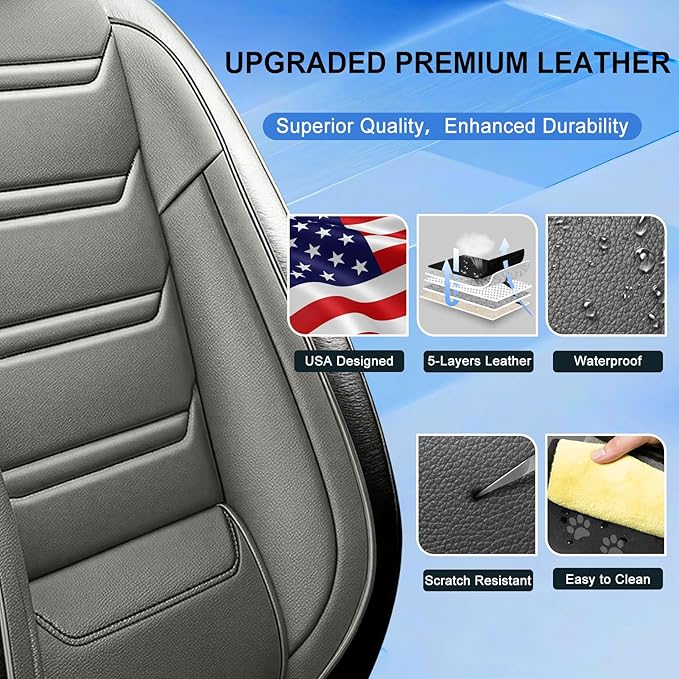 Fit Malibu Car Seat Covers for Chevrolet/Chevy Malibu 2009-2025, Full Coverage Leather, Airbag Compatible, Waterproof All Weather Breathable Seat Cushion Protector, Front Pair Black+Gray