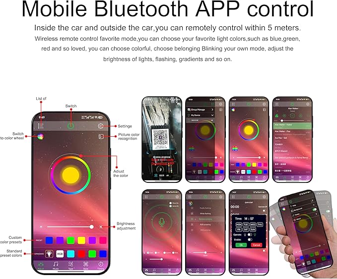 5 m Optic Fiber Car Ambient Footwell Lighting Kit Bluetooth App Control 64 Colors Multicoloured Music Interior Lighting Kit 12V 1W