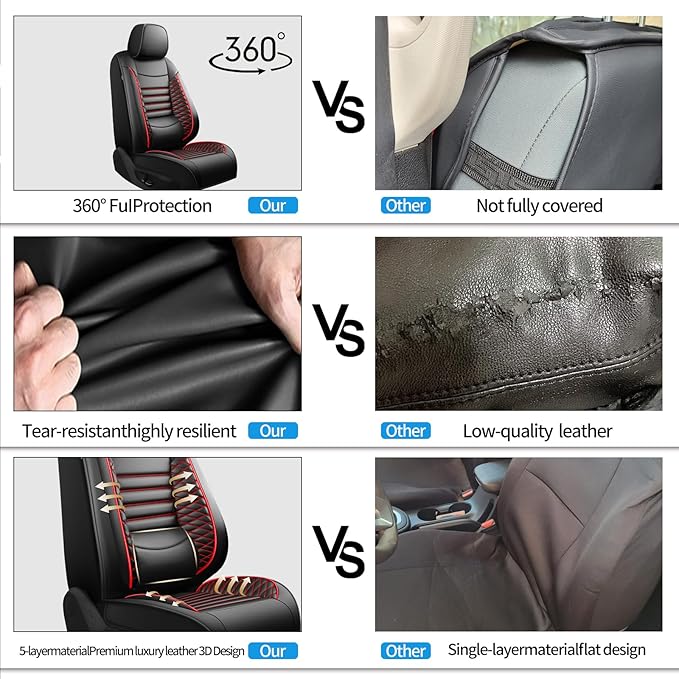 Fit Camry Car Seat Covers for Toyota Camry 2012-2024 2025 2026 - Upgraded Premium Waterproof & Breathable Leather, Airbag Compatible, All-Weather Seat Cushion Protector (2 Front/Black+Red)